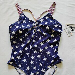 Women's One Piece Swimsuit Blue With Stars Print Size 1X(16-18)